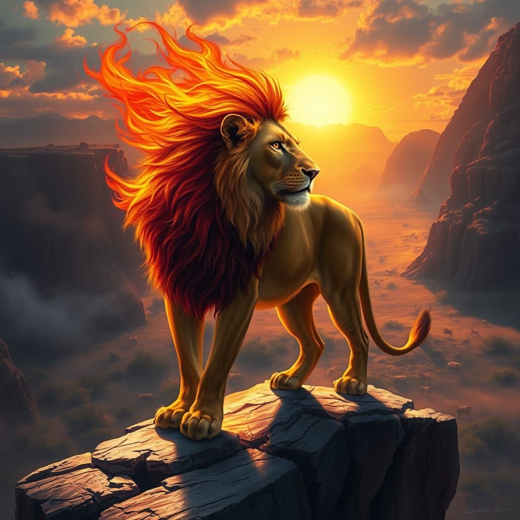 Lion with Fiery Mane Overlooking Sunlit Savanna