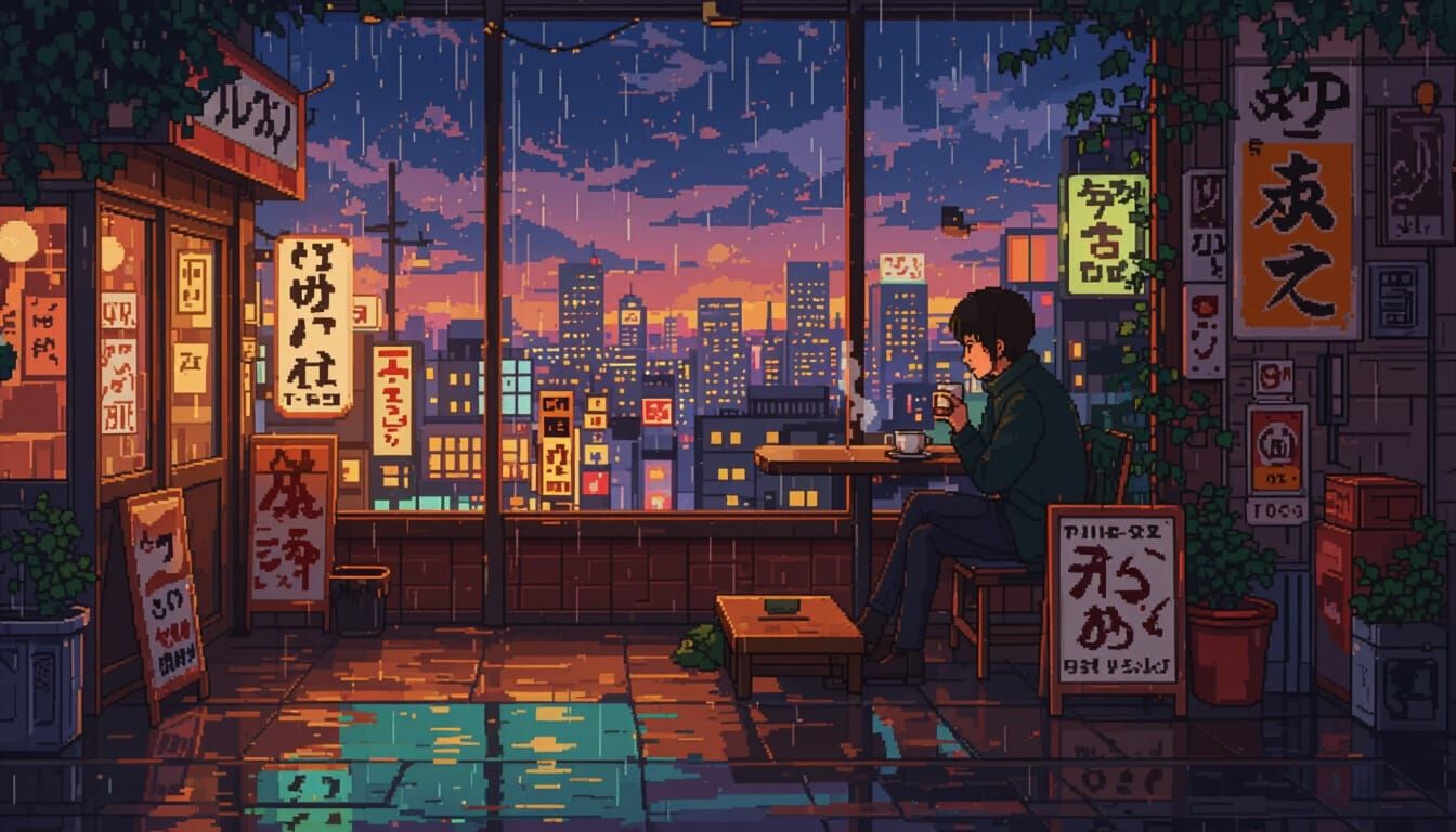 Cozy Tokyo Night Scene in Pixel Art Style