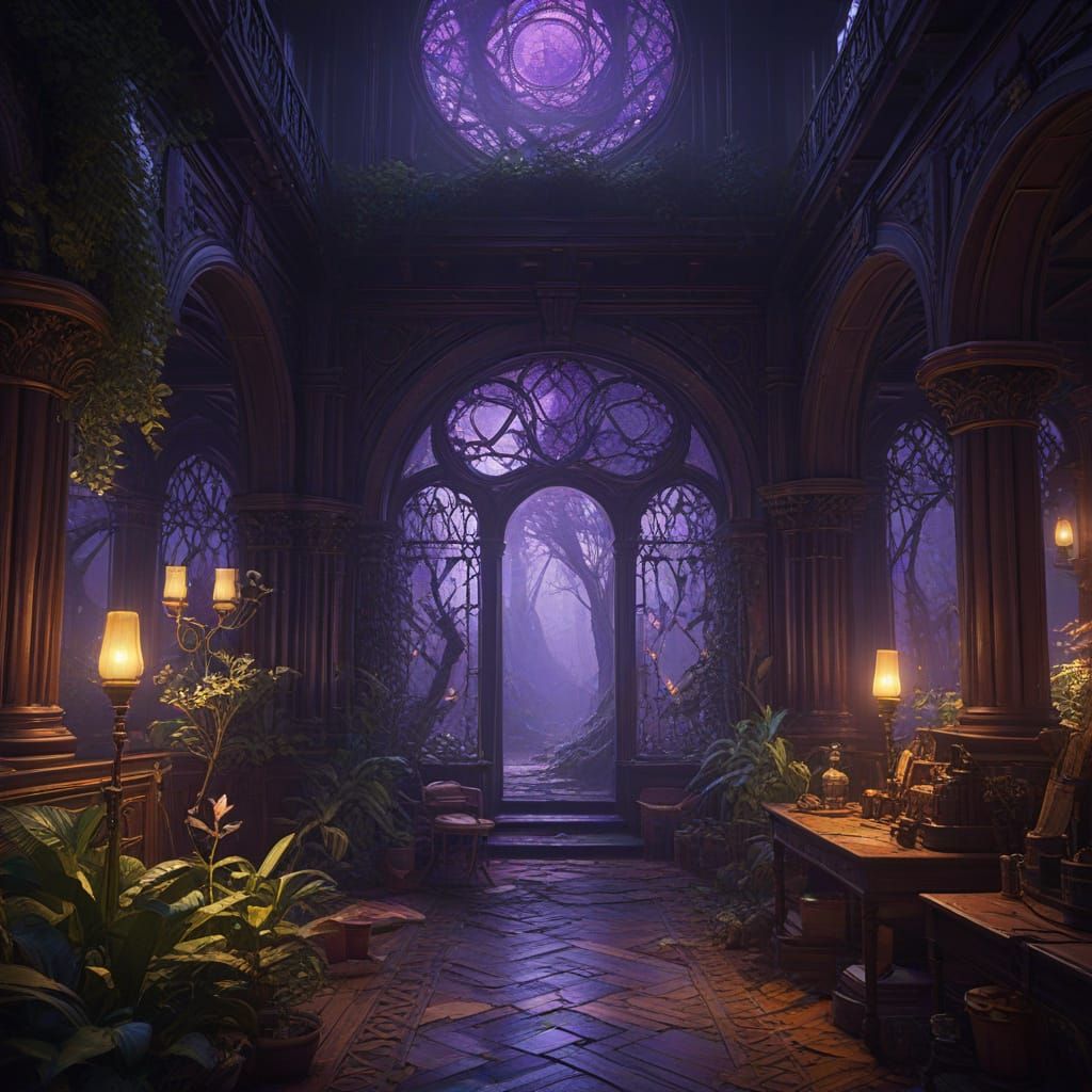 Enchanted Alien Forest Trading Post in Dark Fantasy Style