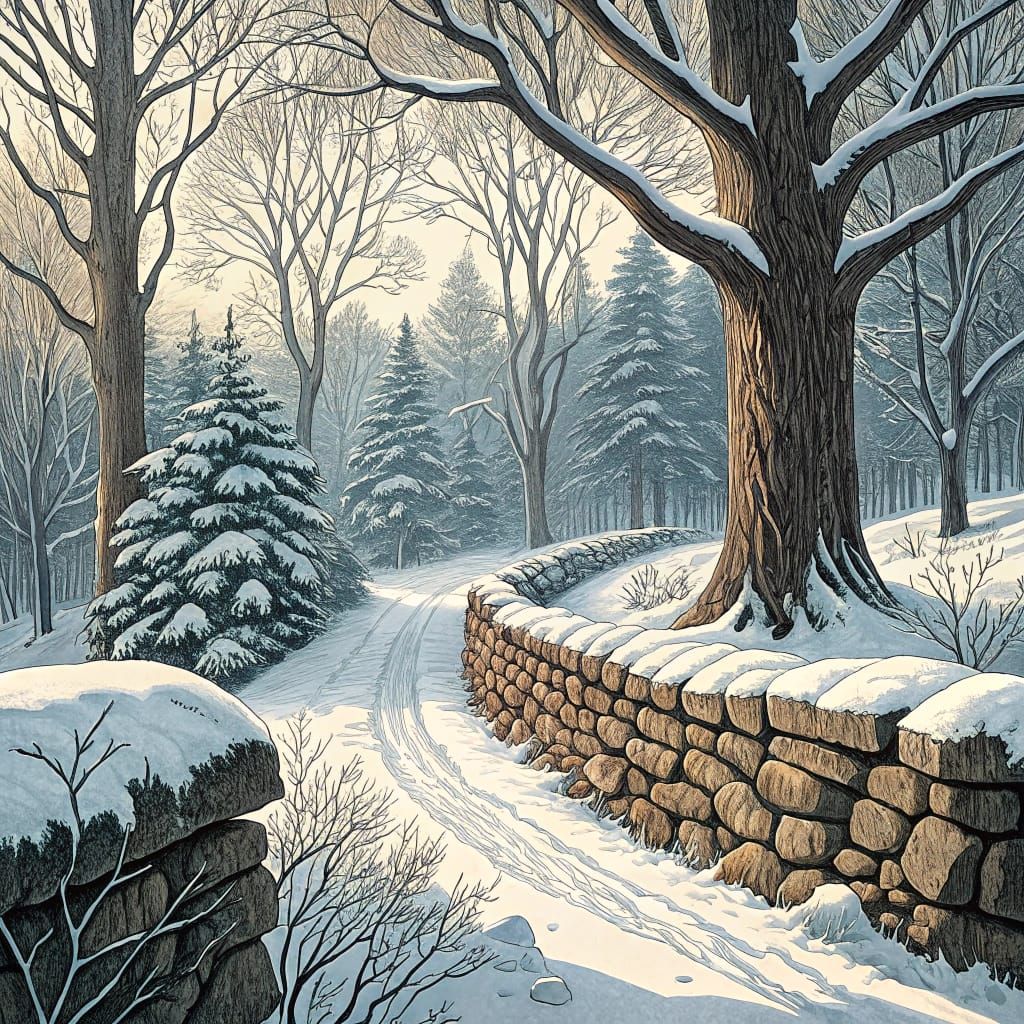 Woodcut Print of Stone Wall in Snowy Woods