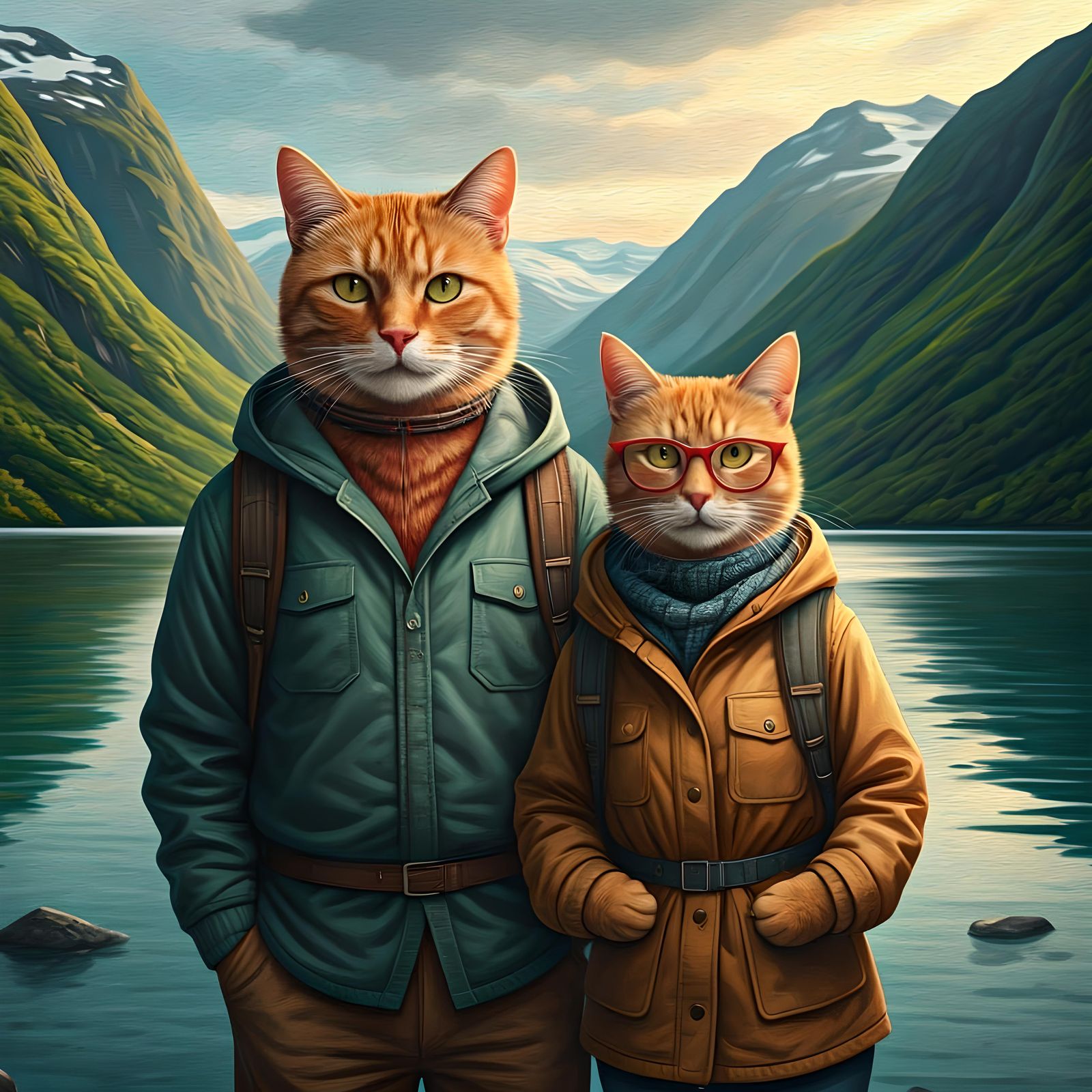 Ginger Cat Couple in Norway Glacier Scene