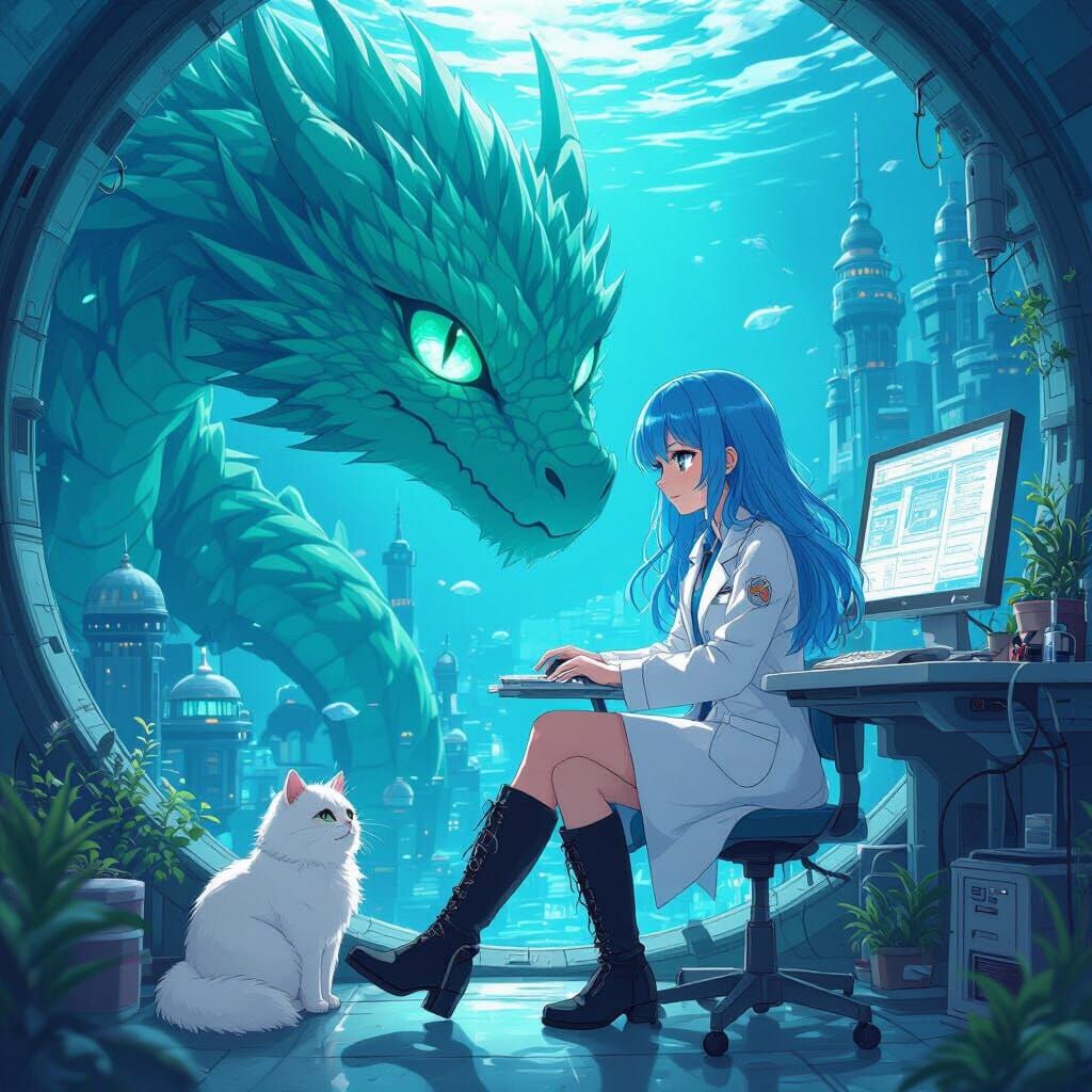 Anime Girl with Dragon and Cat in Atlantis City