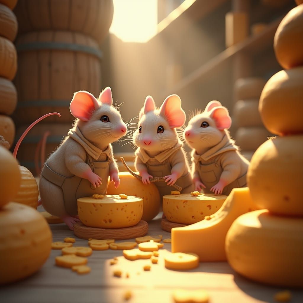 Mice at Work in Rustic Cheese Factory