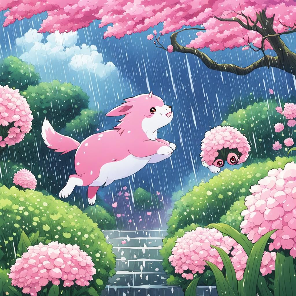 Furry Pink Animal in Rainy Anime Garden