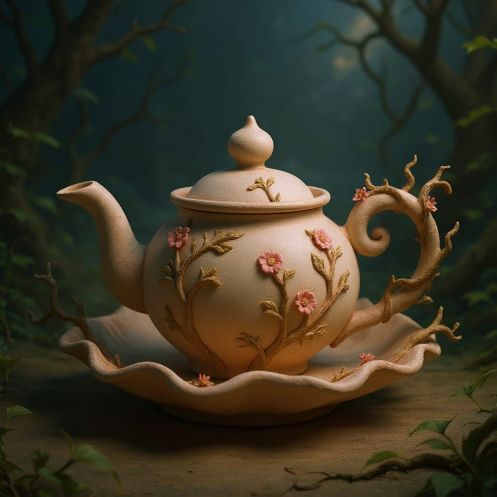 Ethereal Clay Teaset Sculpture in High Fantasy Style