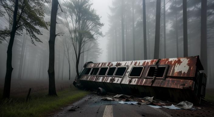 Silent Hill: Dystopian Truck Crash in Foggy Forest