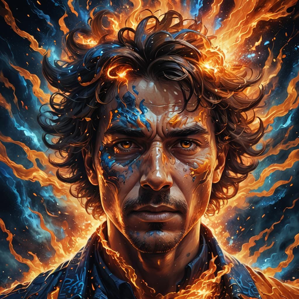 Cosmic Explosion Portrait with Fiery Energy