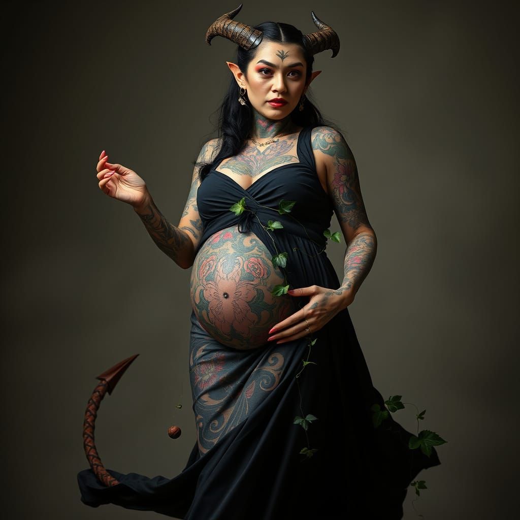 Pregnant Demon Woman with Tattoos, Photo-Realistic Style
