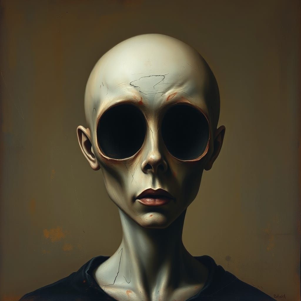 Ethereal Renaissance Portrait with a Haunting, Eyeless Head