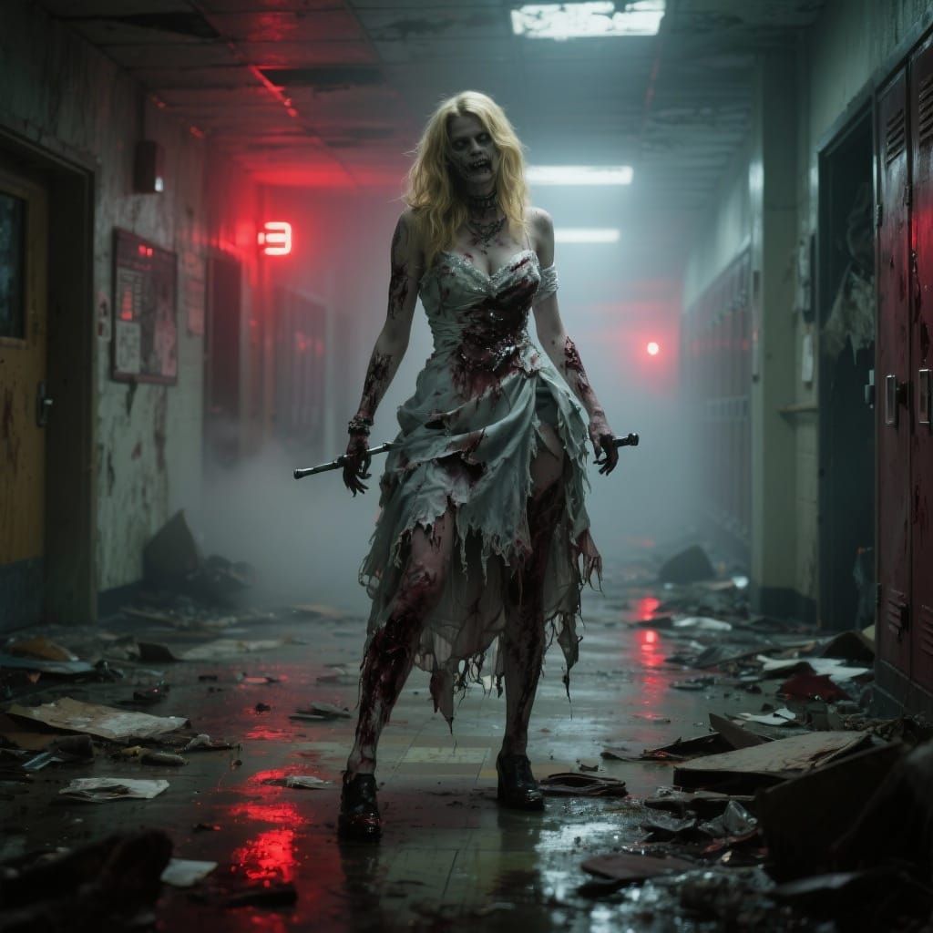 Zombie Prom Queen in Ruined High School Hallway