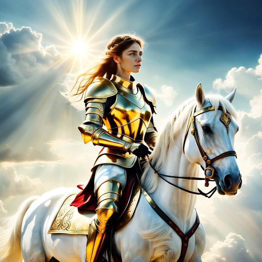 Golden Knight on White Horse in Divine Light