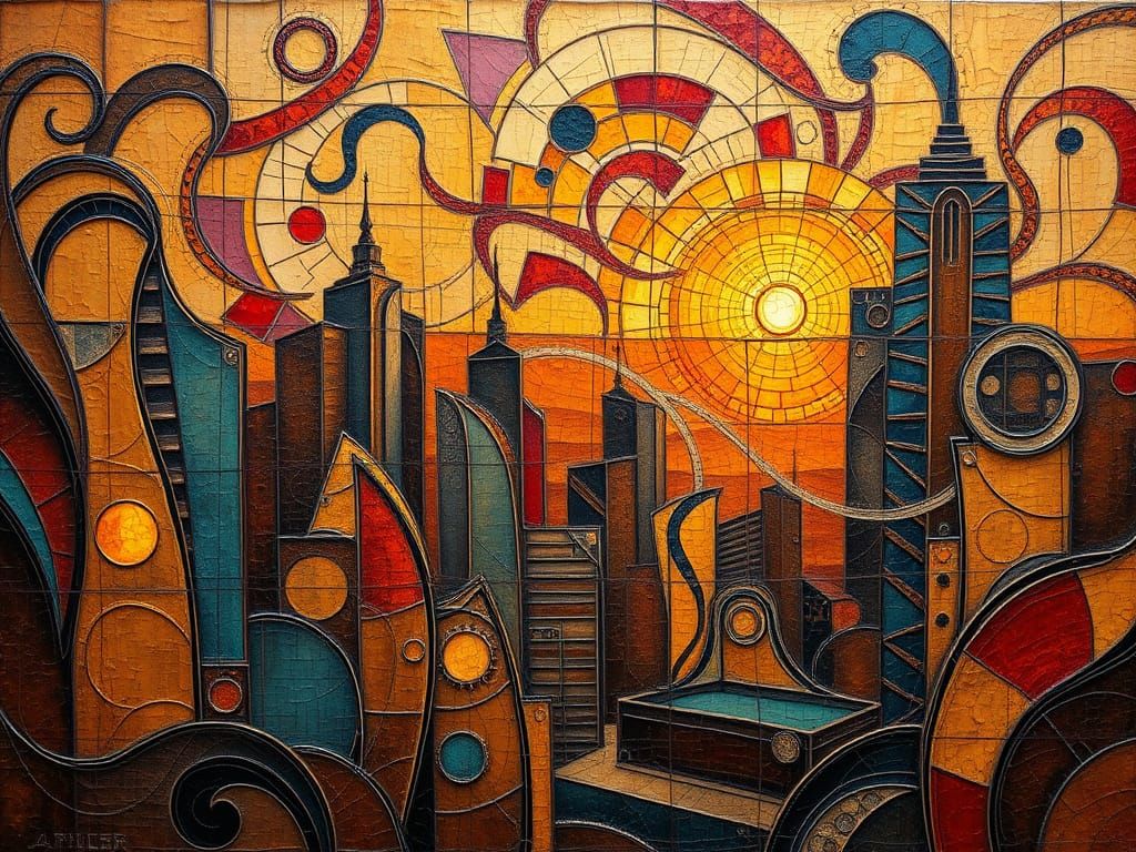 Surreal Futuristic Cityscape at Sunset in Dreamlike Impasto