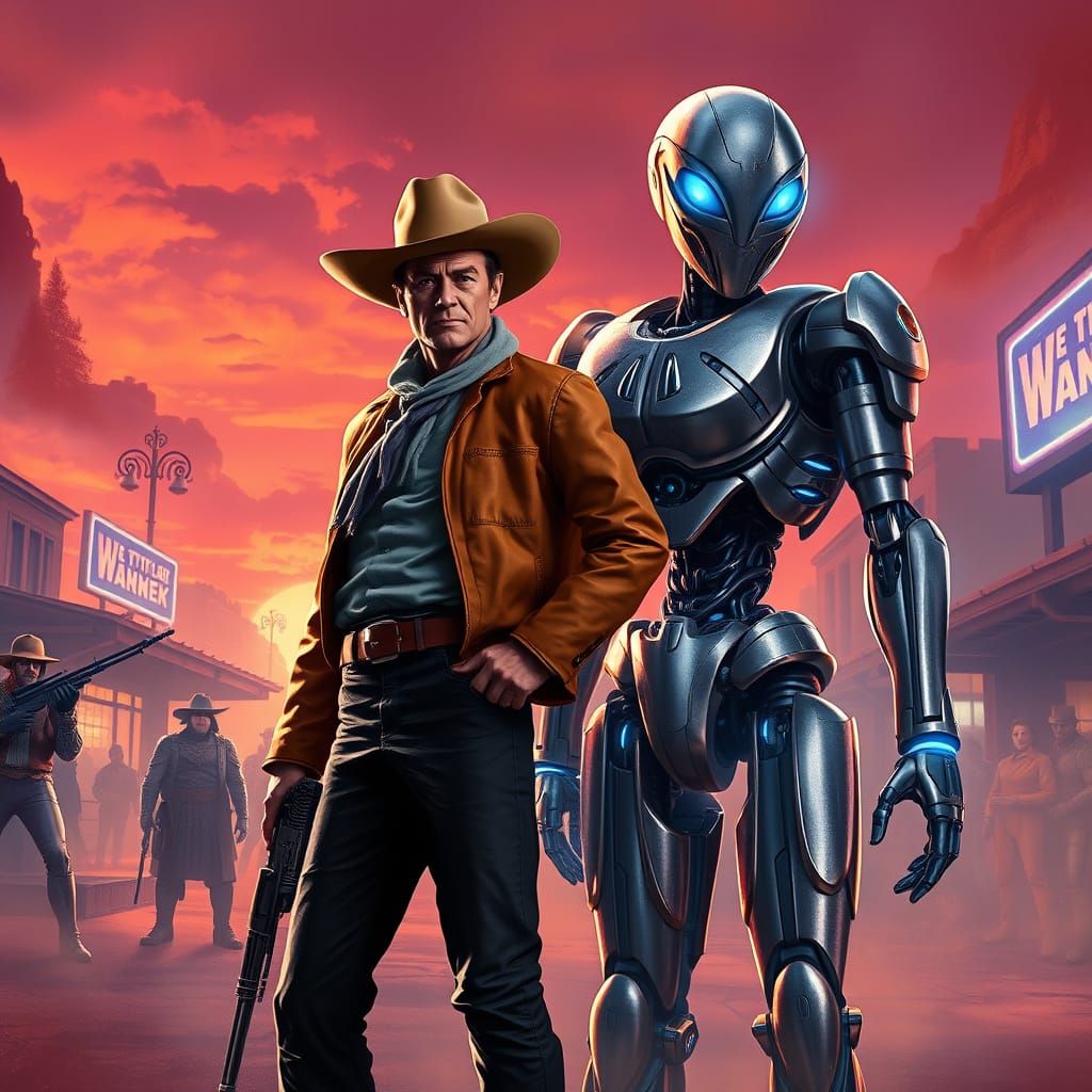 John Wayne and his Futuristic Robot in a Cyberpunk Wild West...