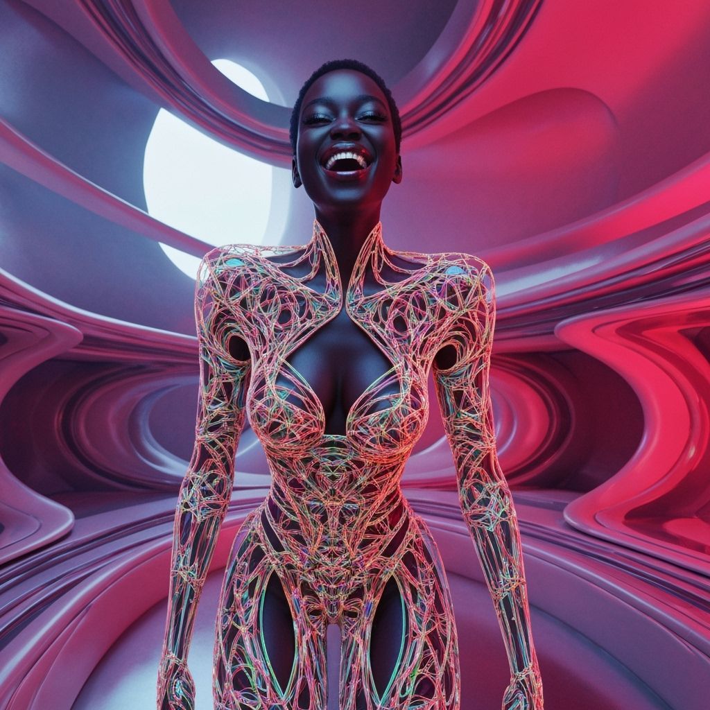 Smiling Woman in Abstract Clothing, Surreal Interior