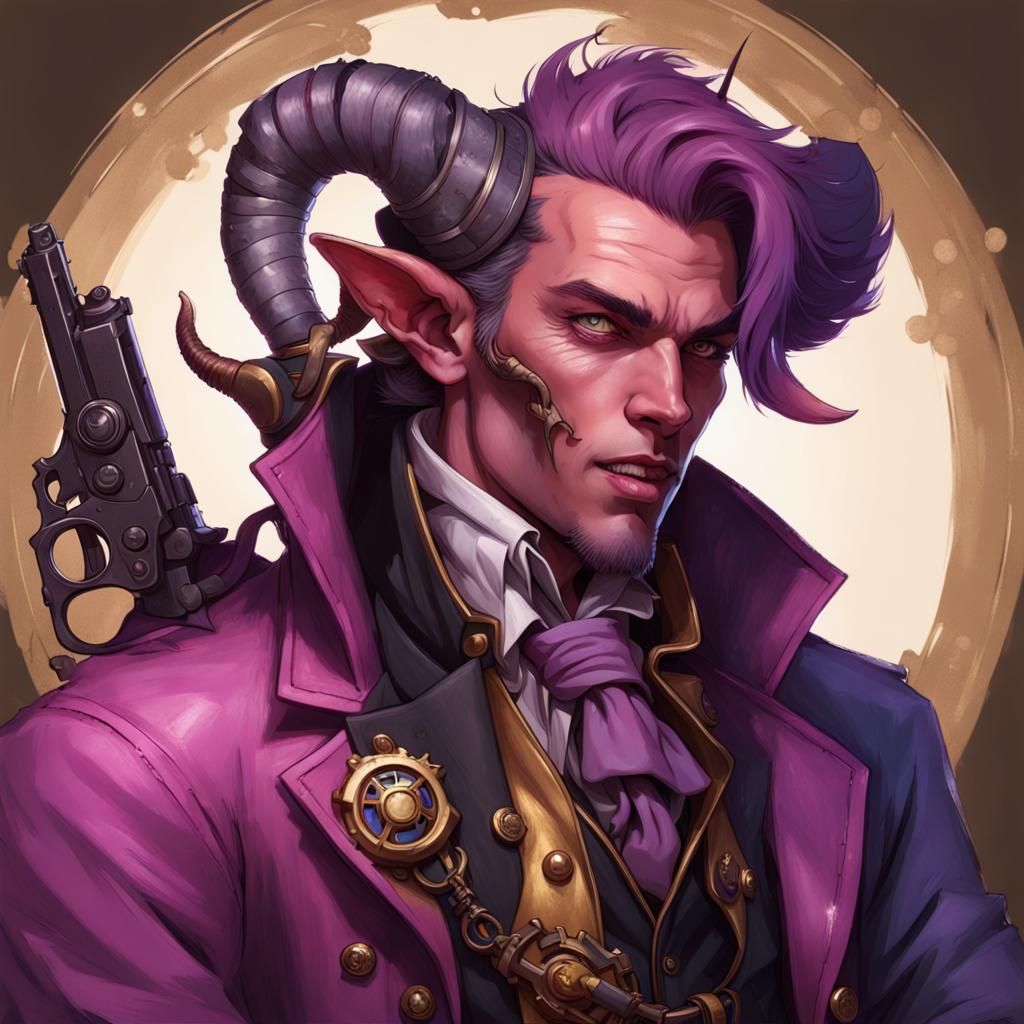 Pink Tiefling Gunslinger with Steampunk Engine