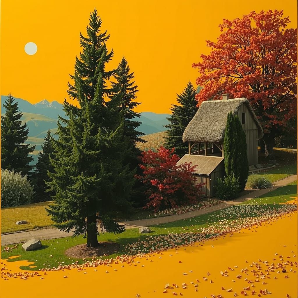 Colorful Landscape with Pink Figure and Golden Leaves