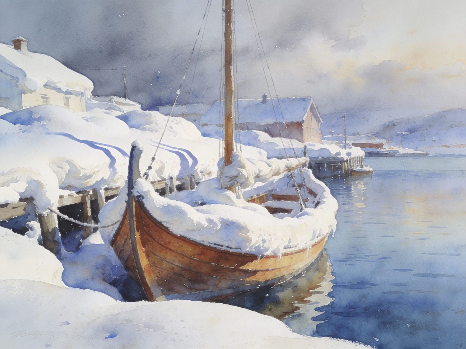 Norwegian Fishing Boat in Heavy Snow as Watercolor
