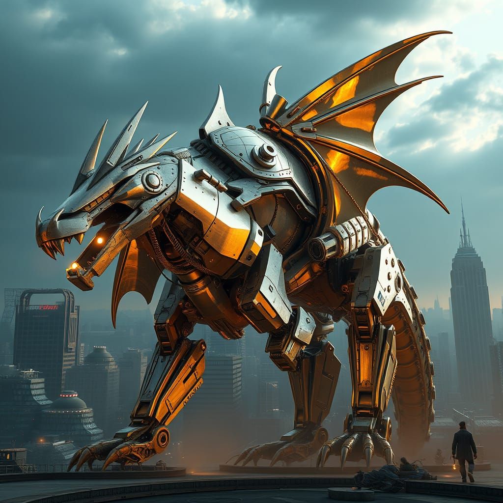 Cyberpunk Mech Dragon in Epic Cityscape