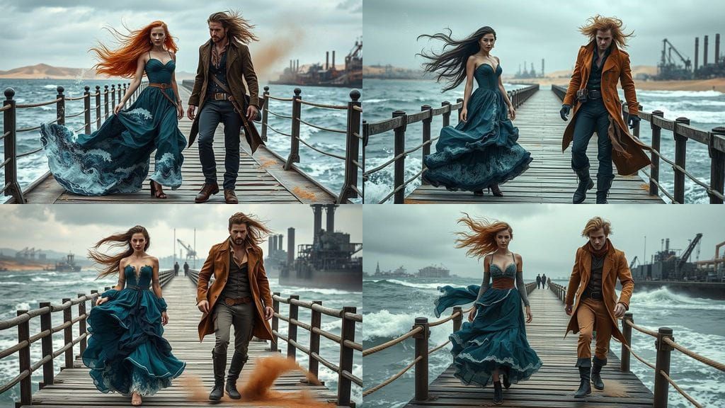 Steampunk Pier with Ocean and Desert Figures