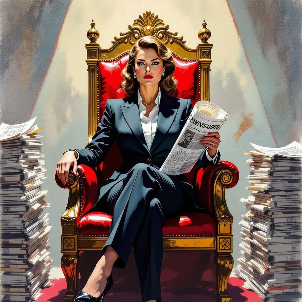 Regal Woman in Suit Holds Newspaper Scepter on Throne