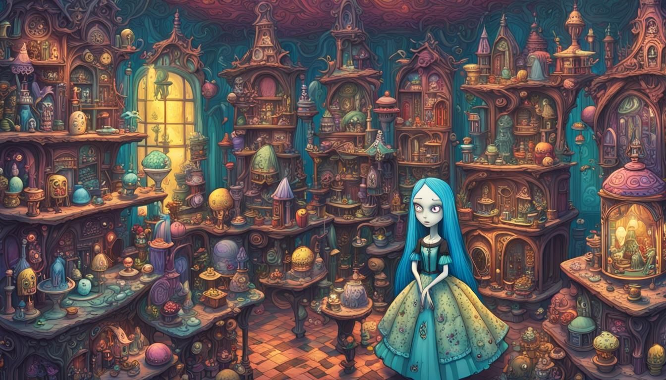 Gothic Woman in Surreal Dollhouse Scene