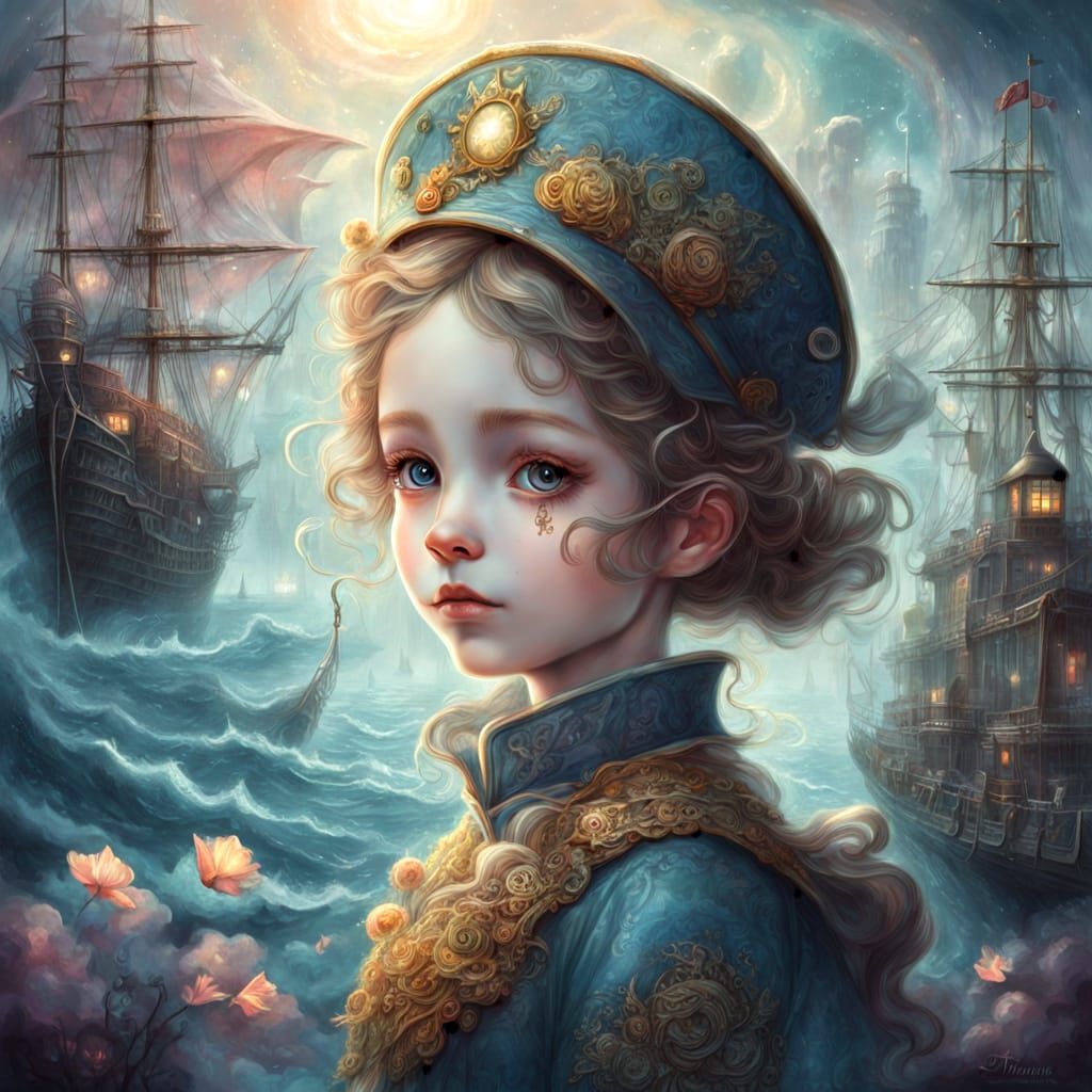 Whimsical Sailor Girl Saluting Ship