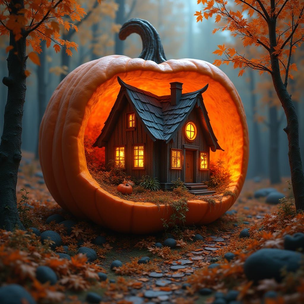 Tiny Cabin Inside Pumpkin, Fall Forest Fantasy Art