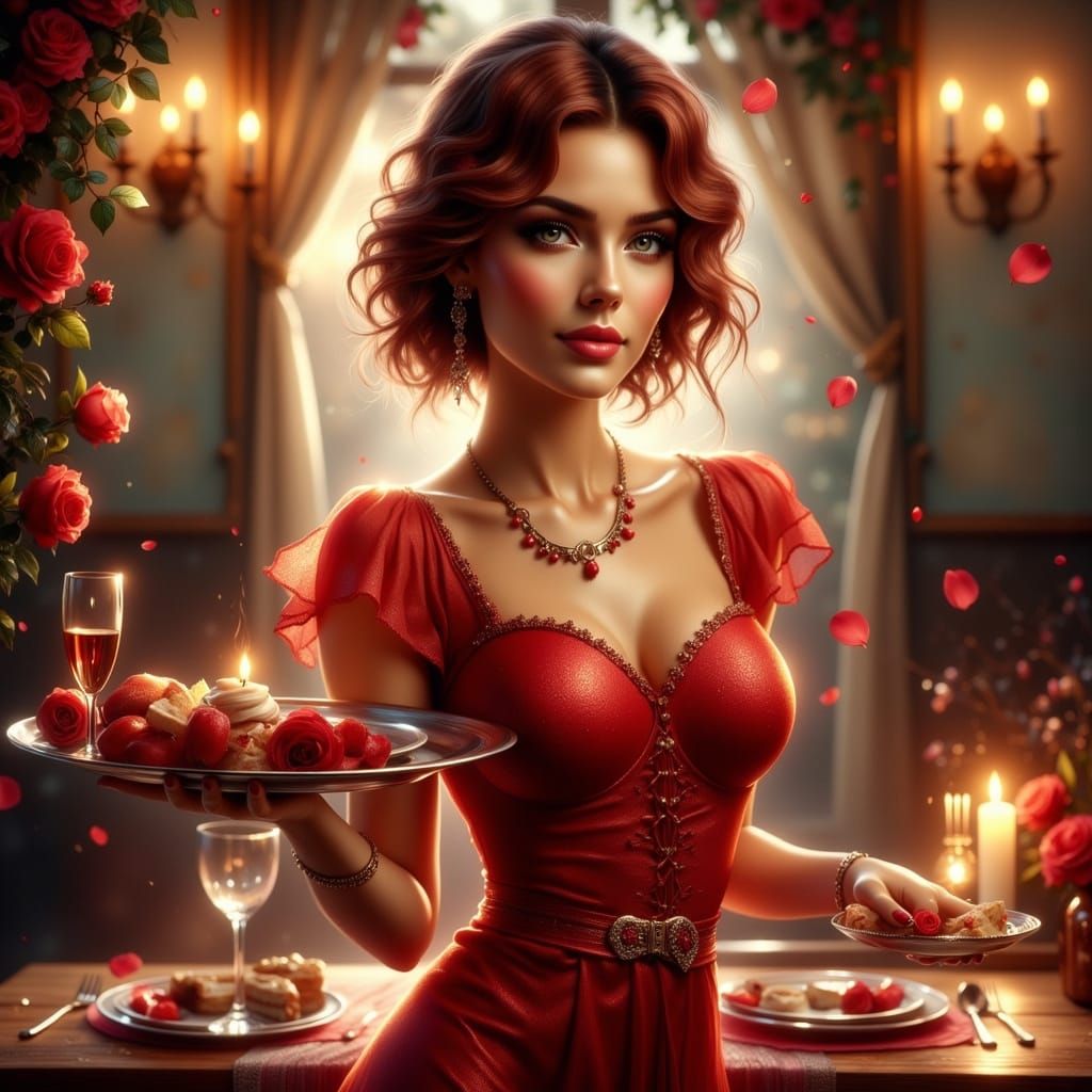 Romantic Valentine's Day Scene with Elegant Waitress