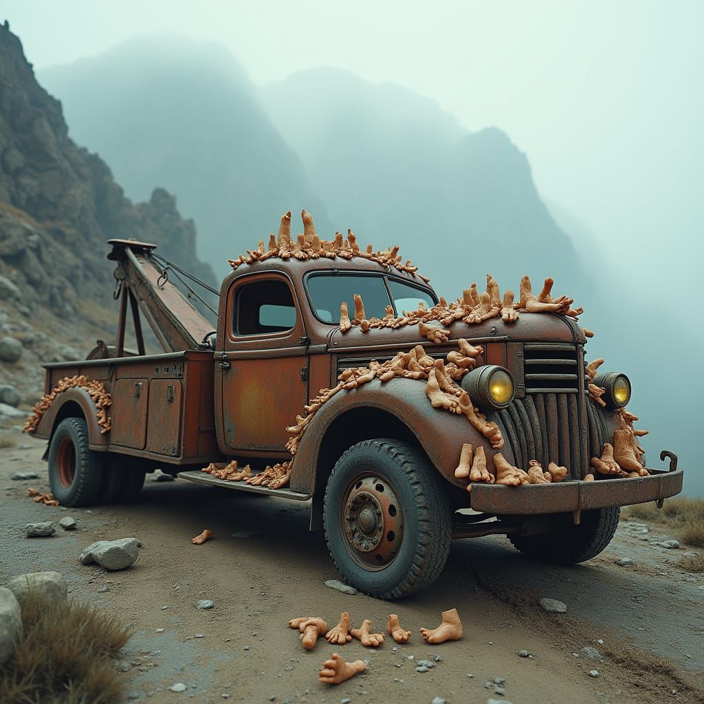 Surreal Tow Truck Made from Human Toes on Rocky Mountain Lan...