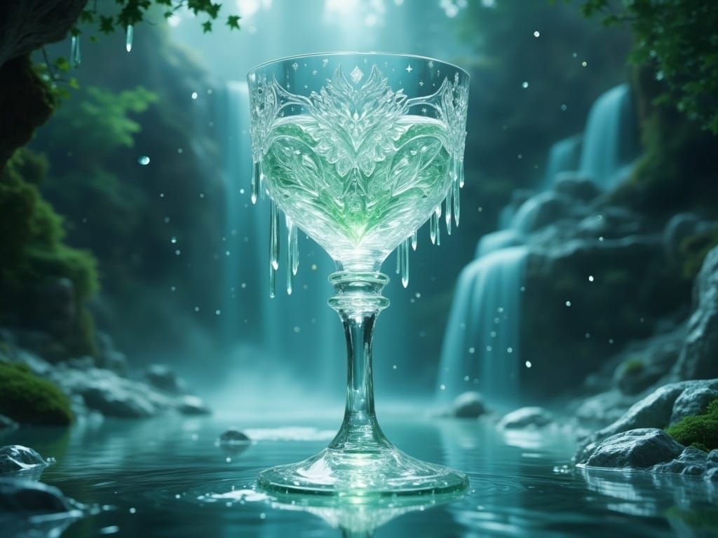 Crystalline Goblet Suspended in Waterfall Scene