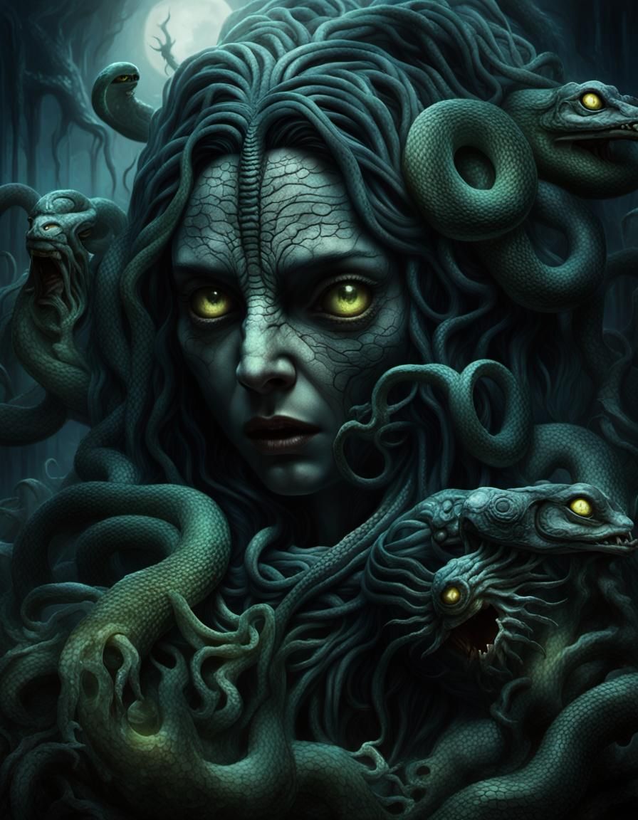 Medusa in Ancient Temple: Dark Digital Painting