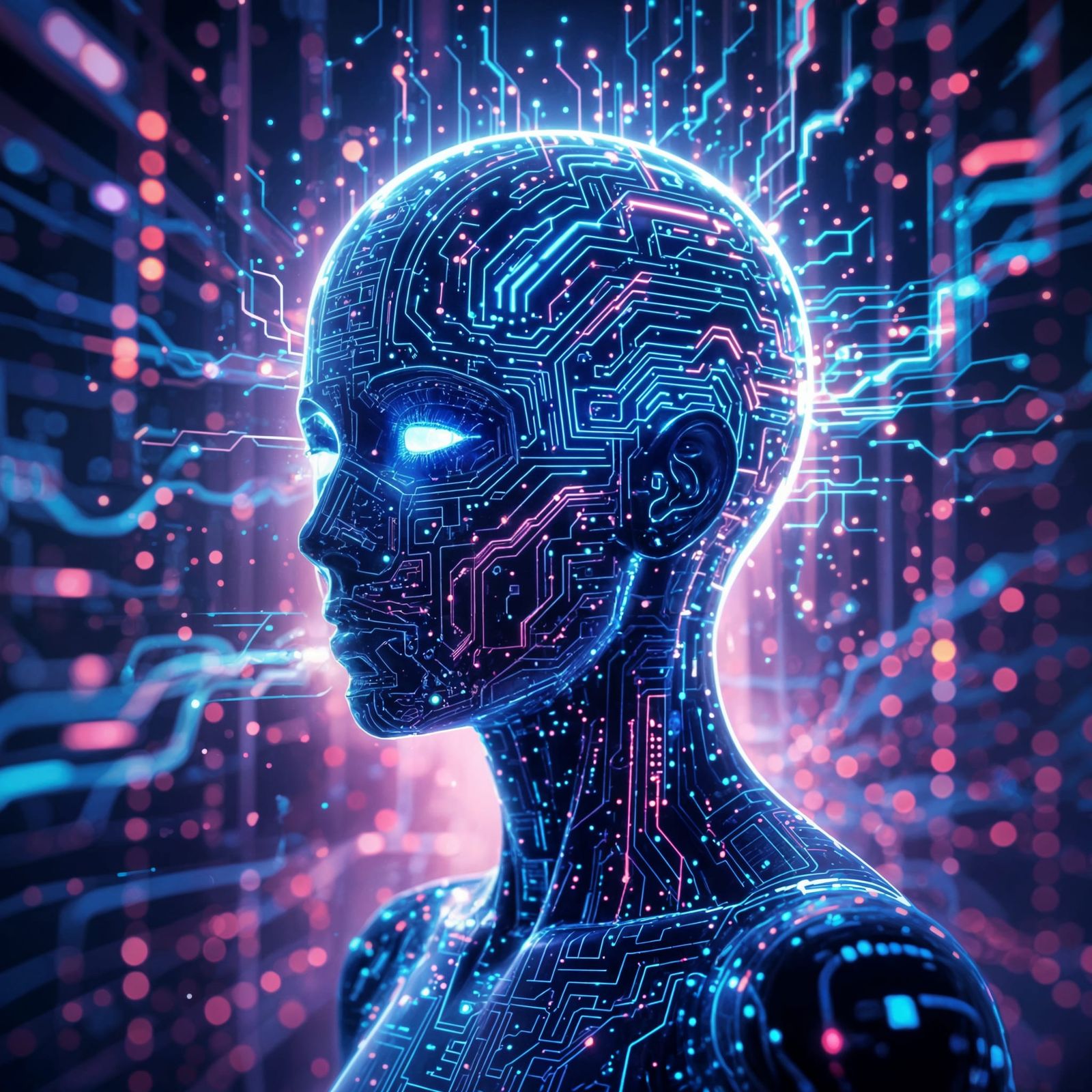 Glowing Circuit Head Uploading Consciousness in Cyberpunk St...