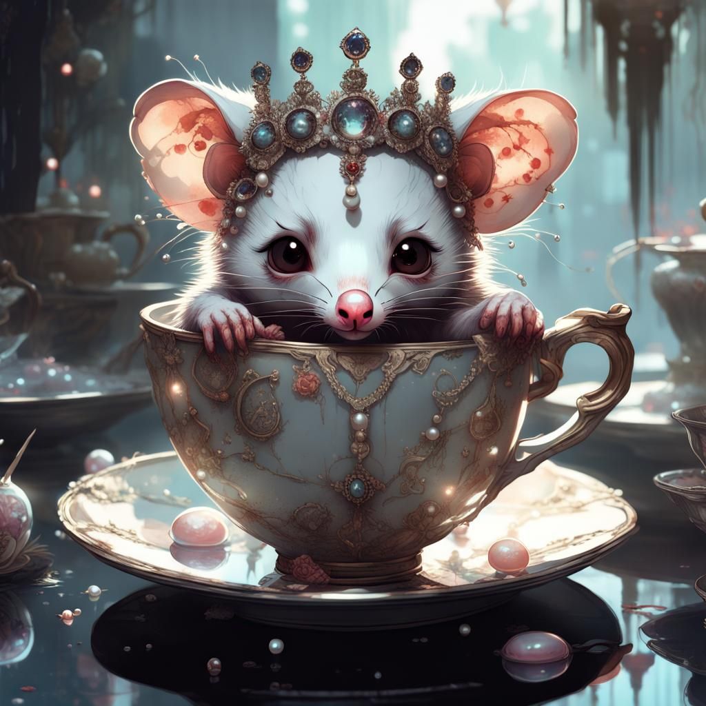 Creepy Cute Possum Cub in Teacup, Anime Style