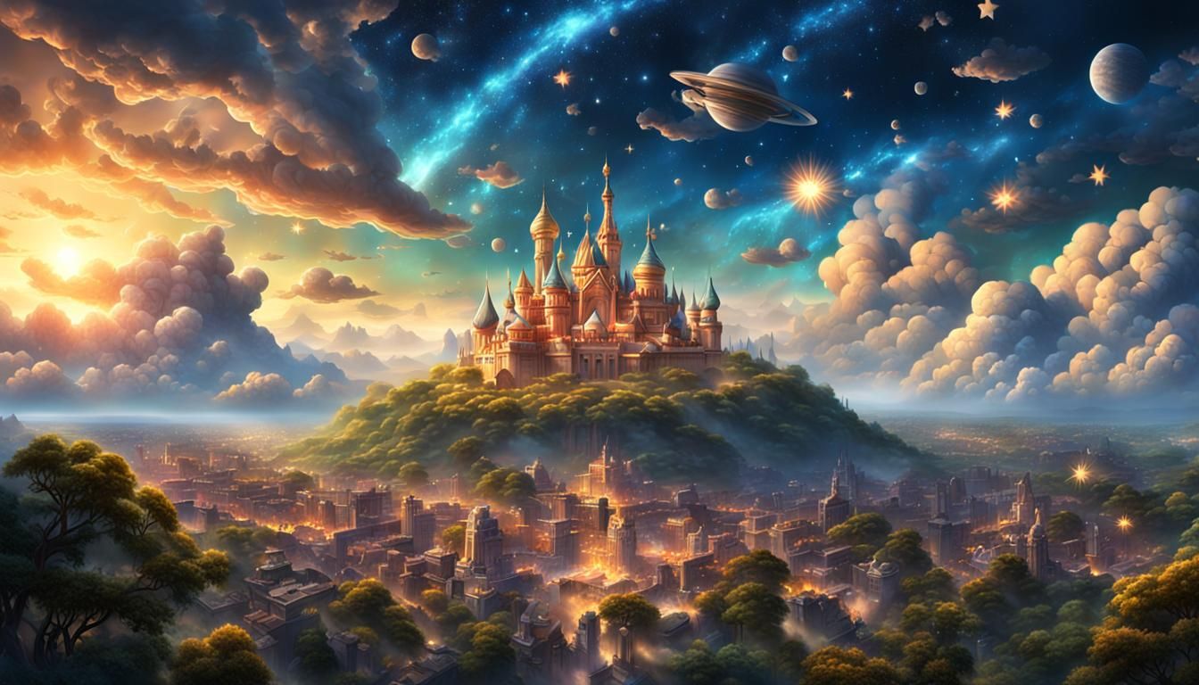 Cartoon Sky Filled with Stars and Clouds