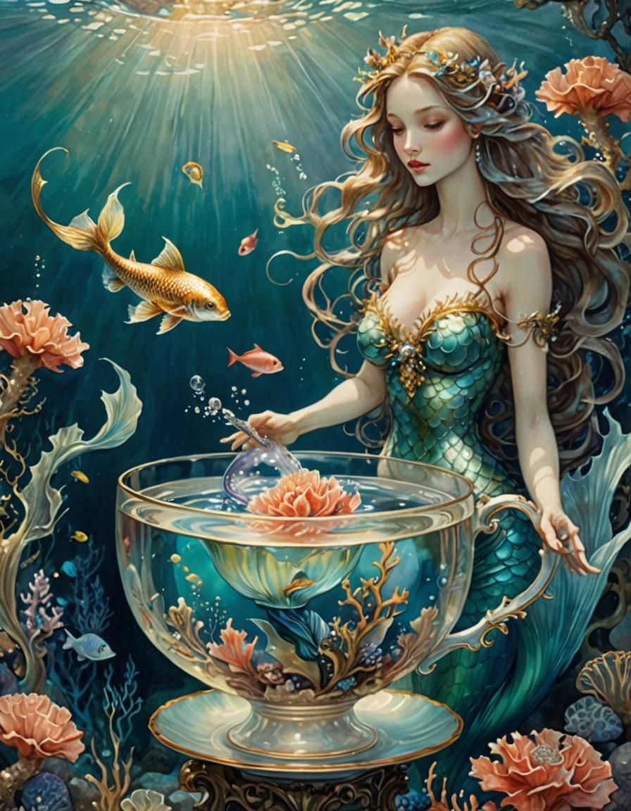 Mermaid in Underwater Teacup: Whimsical Fantasy Art