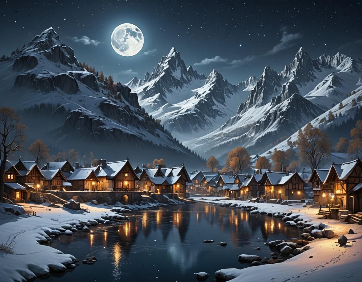 Snowy Medieval Village Under Starry Moonlit Sky