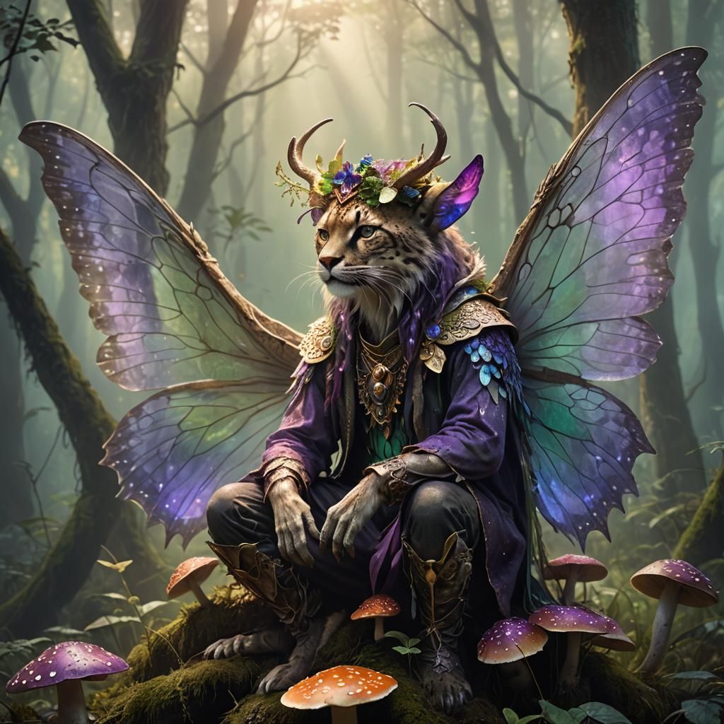 Leopard with Fairy Wings in Misty Forest