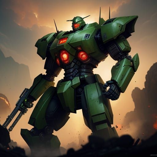 Towering Mech in Gleaming Green Armor, Ready for Battle
