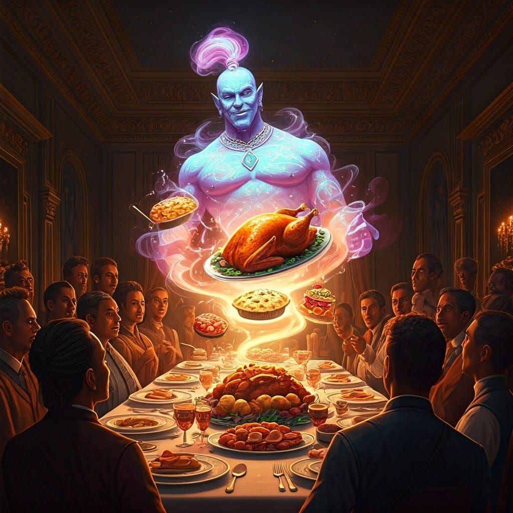 Genie's Whimsical Thanksgiving Feast in Ornate Dining Room