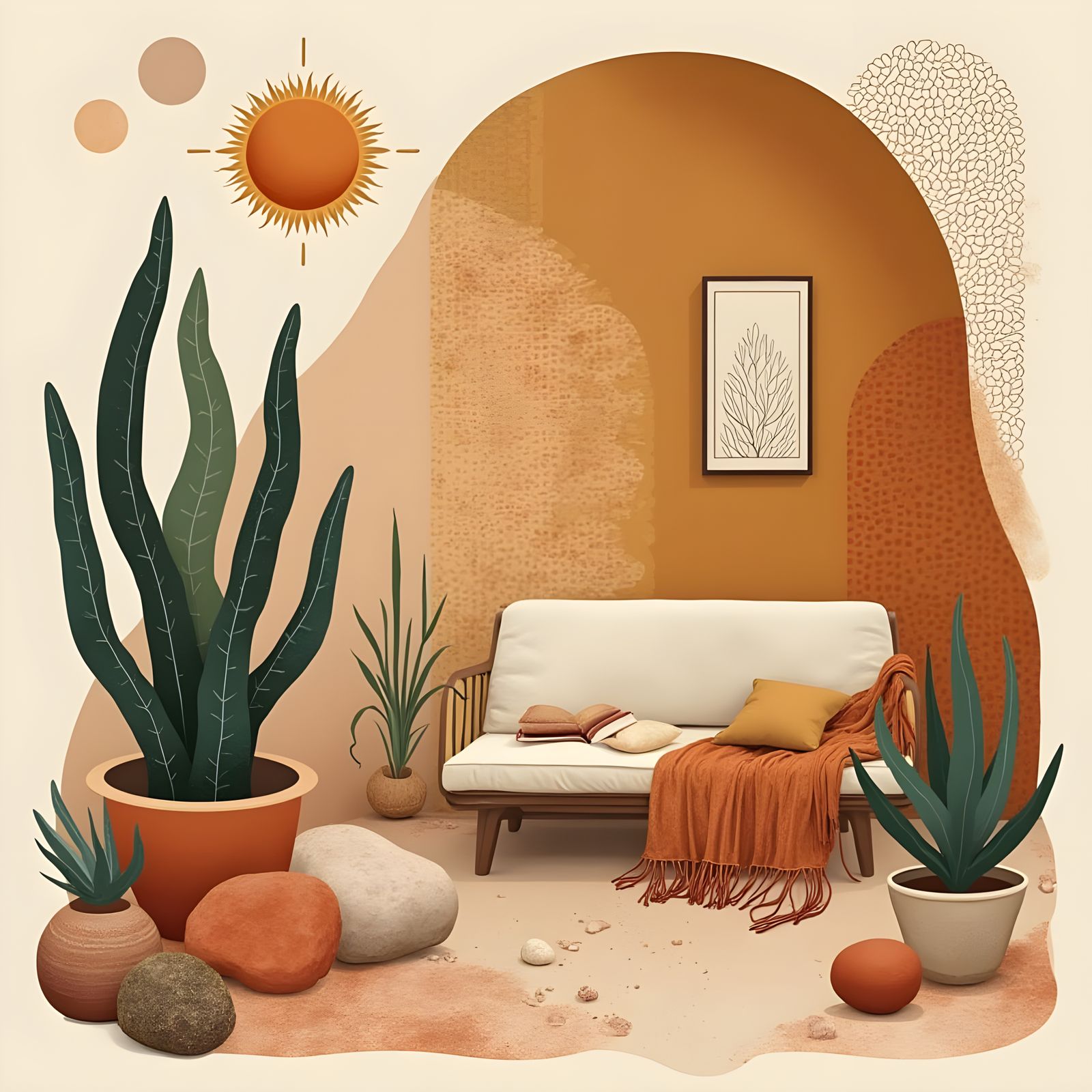 Bohemian Artwork with Earthy Tones and Geometric Patterns