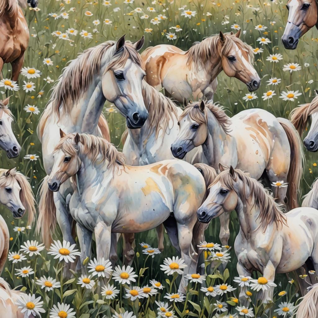 Watercolor Horses in Daisy Field: Pastel Fantasy