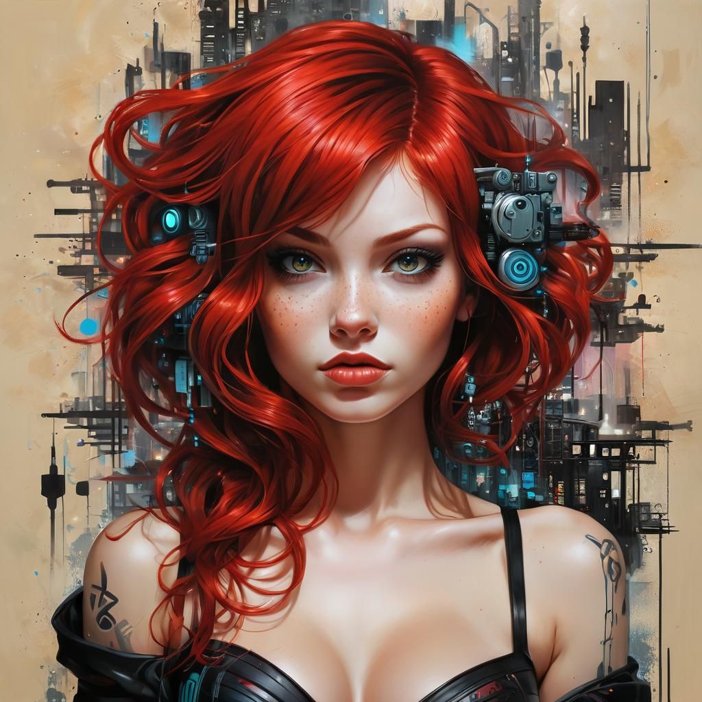 Cyberpunk Redhead in Spray Paint Graffiti Style