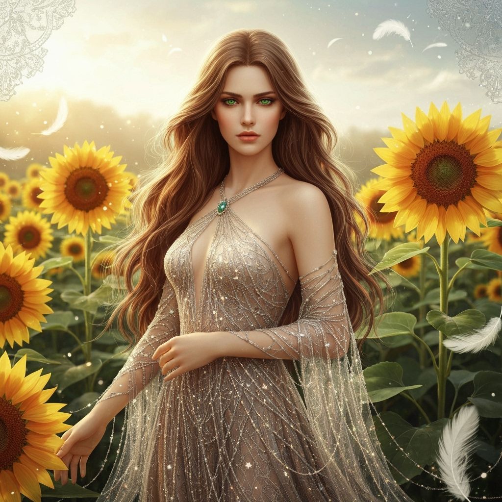 Woman in Starlight Gown in Sunflower Field