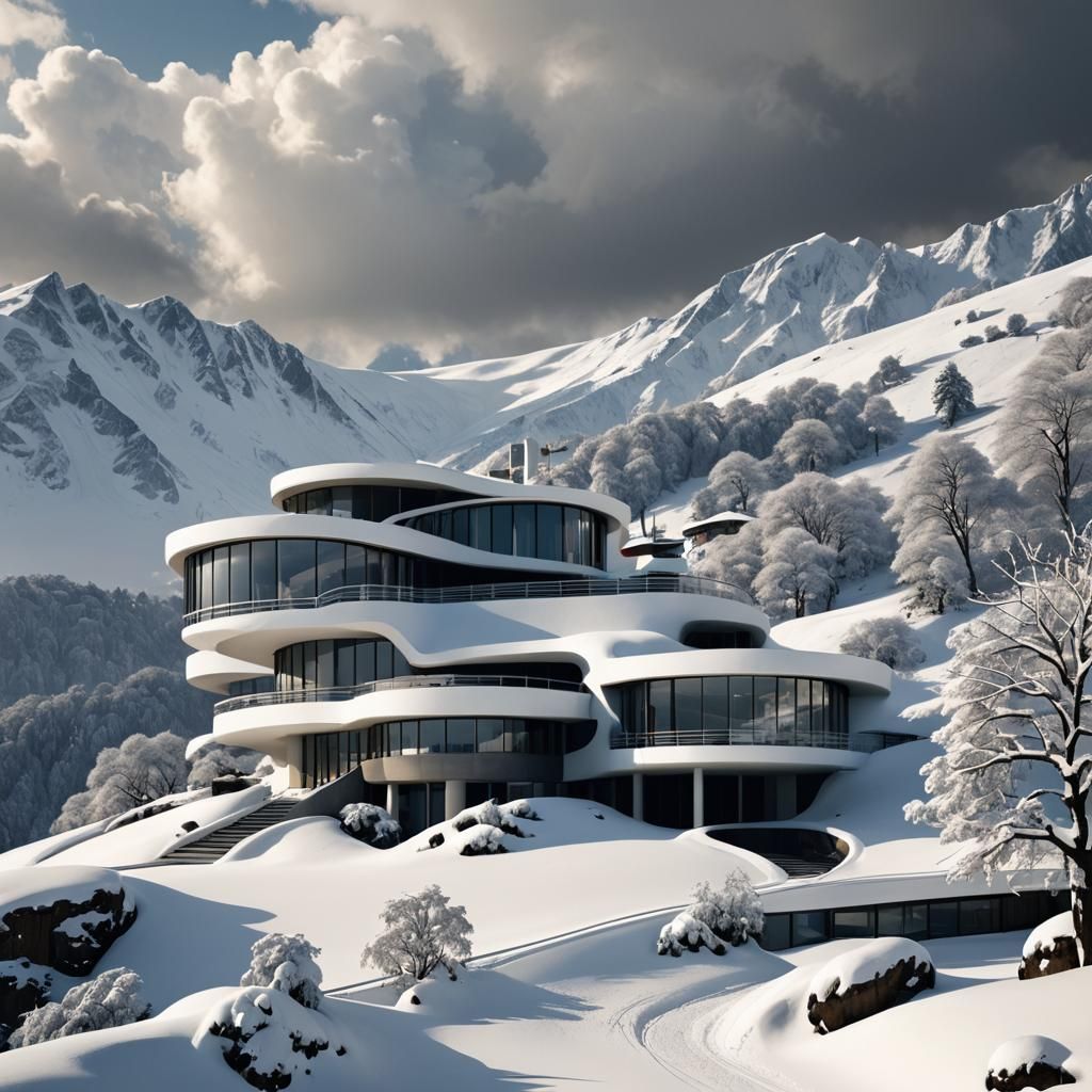 Modern Villa on Snowy Alps in Hyperrealistic Style