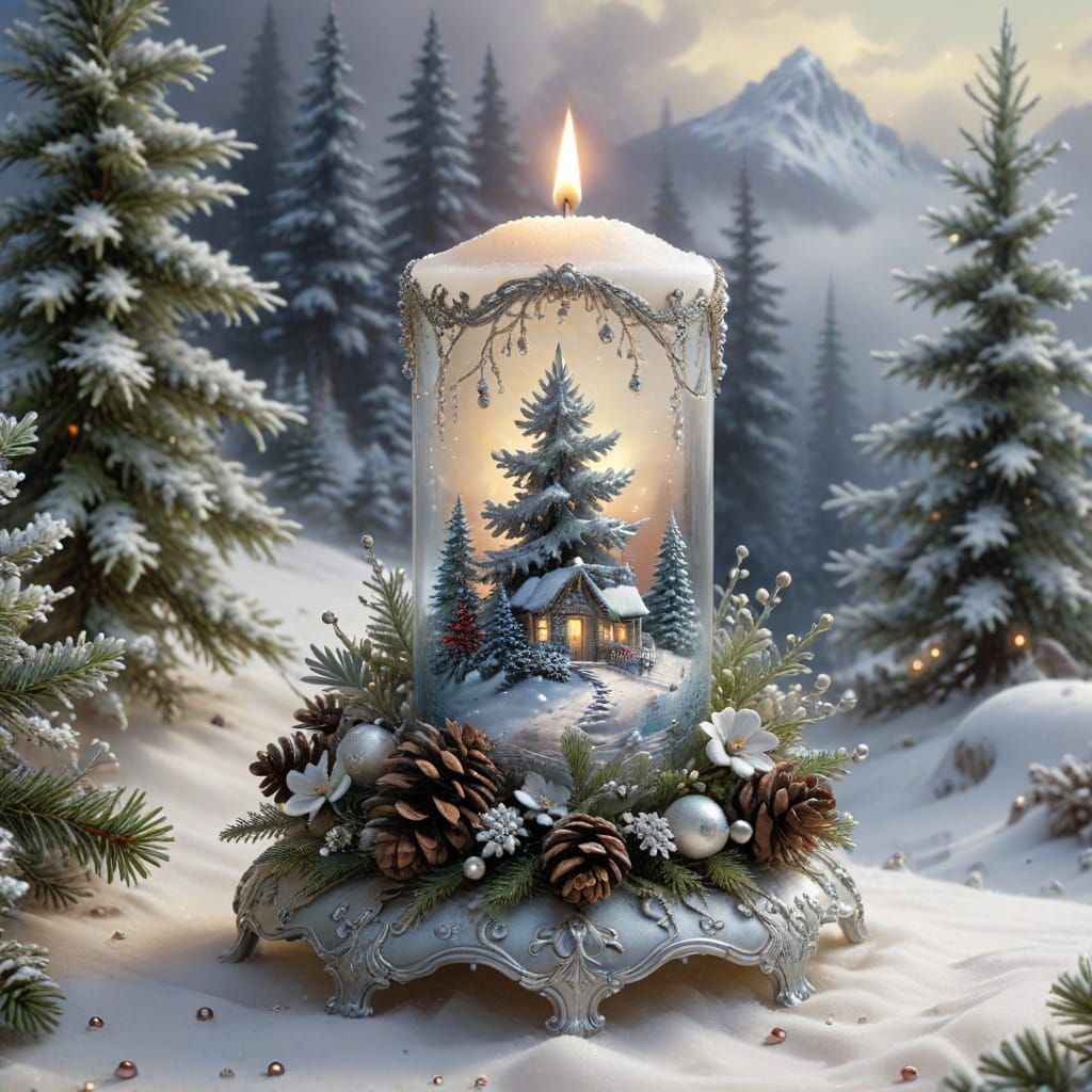 Ethereal Christmas Candle with Winter Landscape and Sparkles