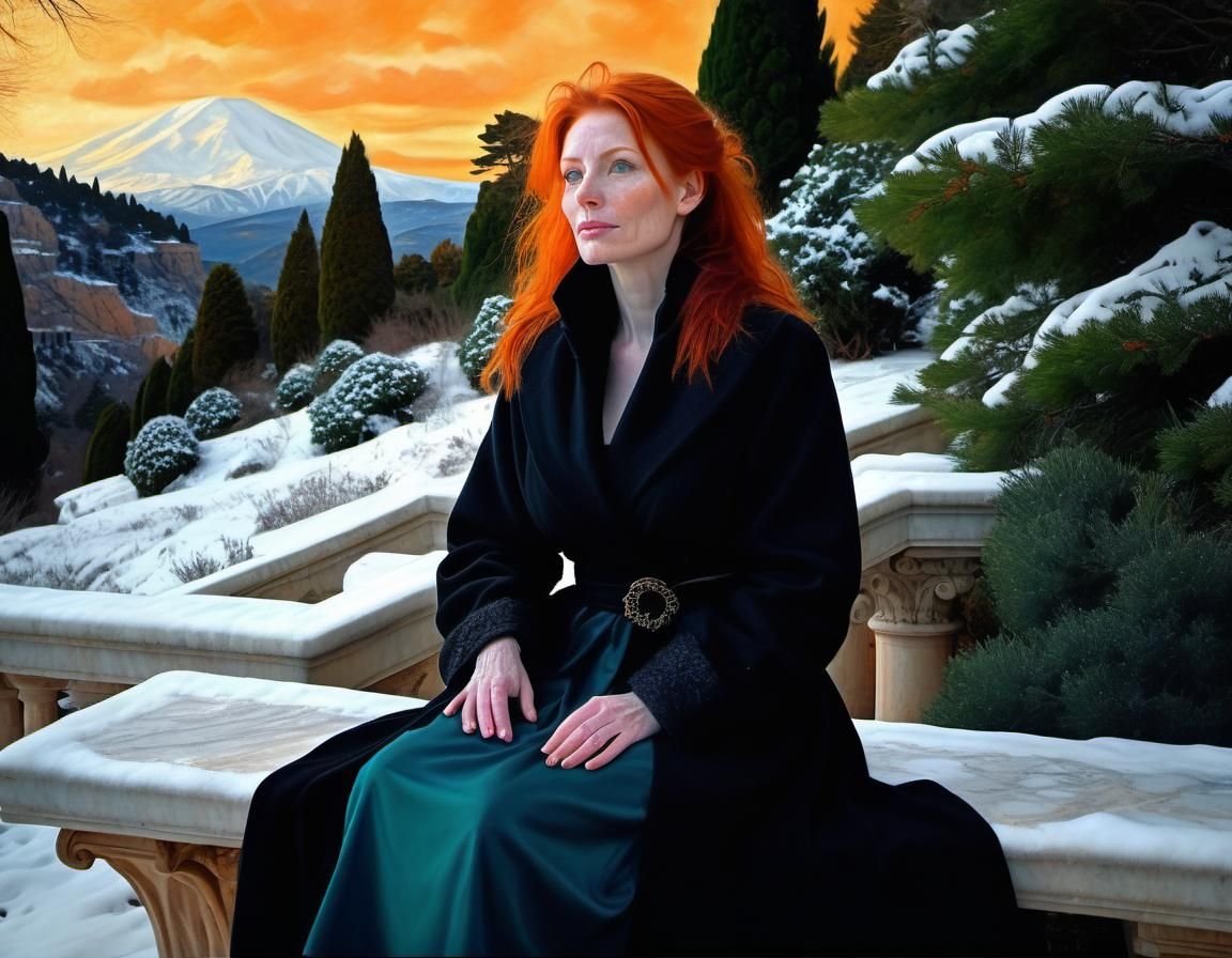 Renaissance Chiaroscuro: Redhead in Winter Garden