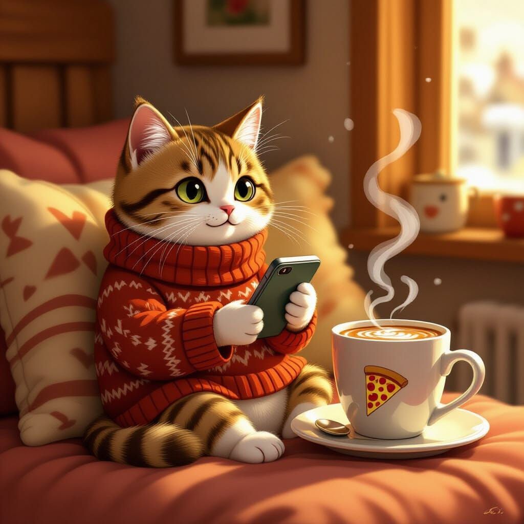 Cat Orders Pizza: Whimsical Digital Art