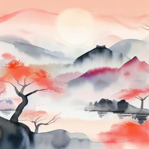 Lunar New Year Landscape in Watercolor Style