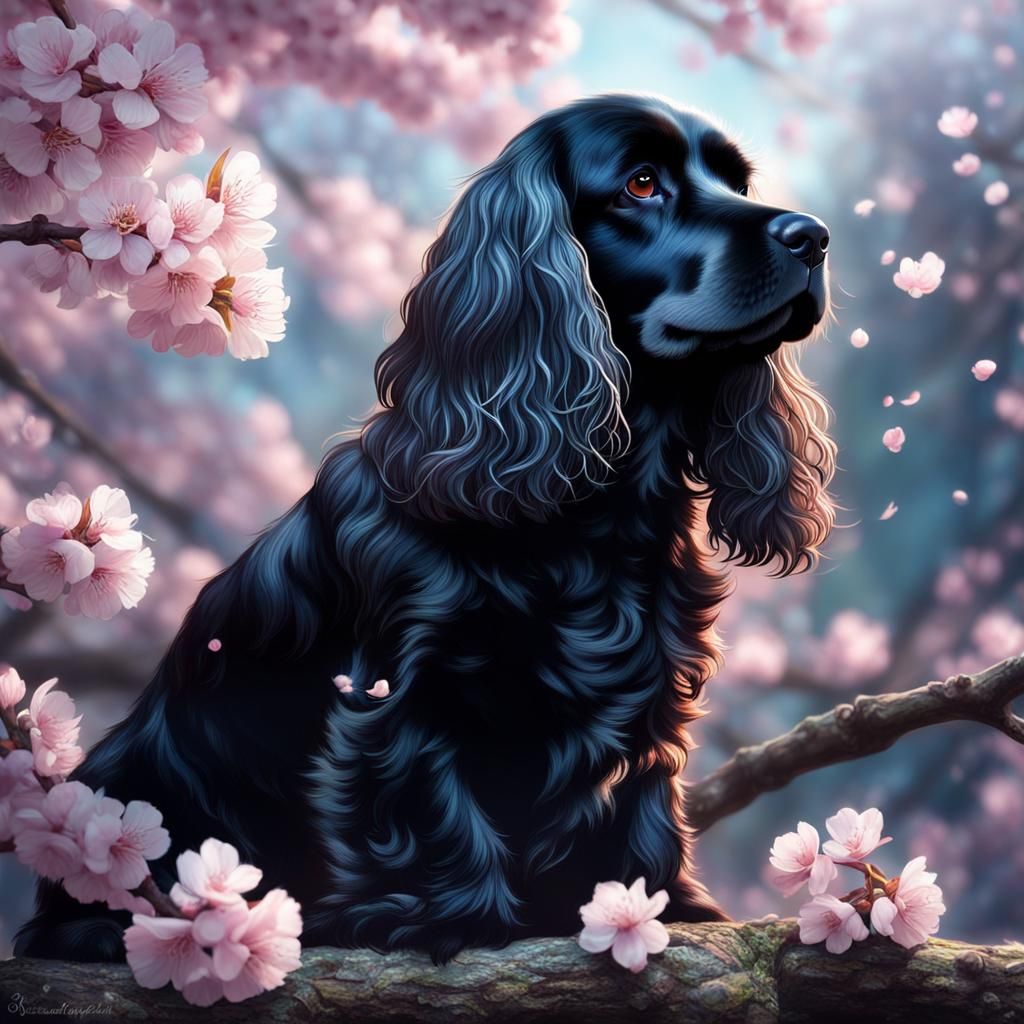 Black Cocker Spaniel Under Cherry Blossoms, Unreal Engine
