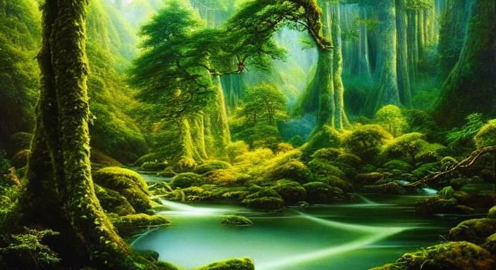 Majestic Elven Forest Oil Painting in Fantasy Realm